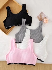4pcs Bra Anak Perempuan Bergaris Warna Polos dengan Tali LOVE, Manis, Lucu, Dasar, Berbantalan, Bra Olahraga Katun untuk Sekolah, Olahraga, Musim Dingin, Merah Muda, Dapat Dipakai di Luar Rumah - MultiWarna - View 3