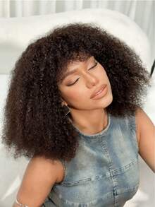 Density Pro 深棕色非洲卷发鲍勃假发，带刘海，真人发质蓬松卷发鲍勃刘海假发，无胶可戴鲍勃假发 - S2 - 查看 2