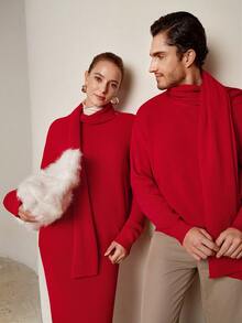 SHEIN LUNE Bộ áo len Giáng sinh 3 món cho nữ, áo chui đầu tay dài họa tiết sọc cổ điển màu đỏ thanh lịch, chân váy dài ôm sát có khăn quàng trang trí, trang phục dệt kim hai mảnh thu đông - Đỏ - Xem 5