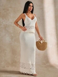 EURMUSE Conjunto de 2 peças de blusa de malha com detalhes vazados e saia de suéter de cor sólida para mulheres - Creme - Ver 3