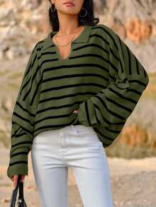 EURMUSE Plus Size Casual Loose Striped Pullover Sweater With Half-Zip - Green - View 5