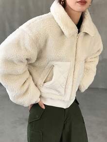 FRIFUL 女式白色羊羔绒领钻石绗缝宽松休闲下摆罗纹棉服外套，带大口袋，秋季夹克 - 白色 - 查看 4