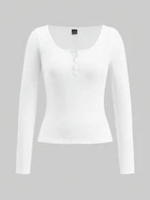 Tseoso 95% Cotton Women's New Arrivals Cotton-Feel Small V-Neck Half-Placket T-Shirt For Spring, & Autumn And Winter, Casual, Cozy Chic, Slim And Versatile, Autumn/Winter, Versatile For Daily Wear, Indoor And Outdoor, Vintage, Soft Girl, Outing Items, Home, Back To School, Fall Women Clothes, Versatile, Old Money, New Money, Gift,,White Shirt