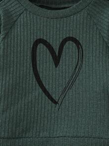 SHEIN Playful Pals 2pcs/Set Baby Girls Autumn New Ribbed Fabric Round Neck Long Sleeve Ruffle Trim Front Heart Print Casual Long Pants Simple Cute Homewear Matching Set - Multicolor - View 7