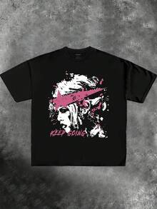 INAWLY 夏季休闲人物图案及标语印花T恤女式上衣