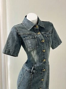 Elamini 女式休闲水洗纽扣前短袖牛仔连衣裙，夏季 - 藍色 - 查看 6