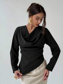 Aloruh Áo cánh nữ thanh lịch màu trơn ve áo viền bất đối xứng - màu đen - Xem 6