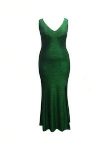 INAWLY Plus Size Women's Bodycon Dress, Deep V-Neck, Sleeveless, High Slit, Stretchy Shiny Fabric, Elegant For Party, Olive Green - Dark Green - View 1