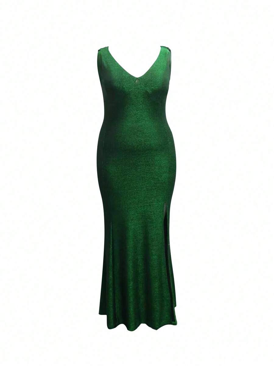 INAWLY Plus Size Women's Bodycon Dress, Deep V-Neck, Sleeveless, High Slit, Stretchy Shiny Fabric, Elegant For Party, Olive Green - Dark Green - View 1