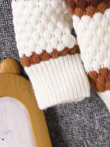 Randig kontrastfärgad tjock mjuk stickad pullover för pojkar, lämplig för hem, fritid, utomhus och fest, höst/vinter - Kaffebrun - Visa 3