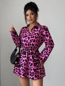 Elenzga Women's Leopard Print Ruffle Hem Long Sleeve Dress - Hot Pink - View 5