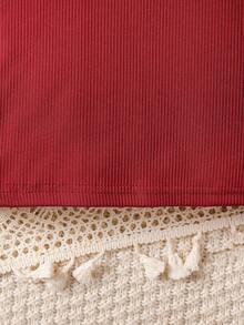 SHEIN Elladie kids Young Girls Striped & Polka Dot Flocked Mesh Puff Sleeve Long Sleeve T-Shirt, Autumn - Burgundy - View 6