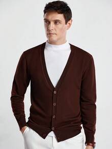 Manfinity CityGents Áo len cardigan dệt kim dài tay màu trơn thường ngày cho nam, Thu/Đông - Cà phê nâu - Xem 1