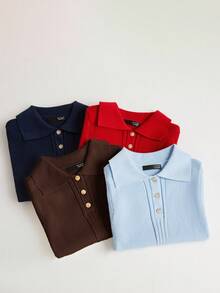 BizChic 2025 秋冬新款深咖啡色不对称罗纹针织 Polo 领半拉链纽扣女毛衣，现代优雅时尚商务休闲办公装，百搭经典简约浪漫适合正式场合、派对、婚礼、海滩、休闲外出、国庆、新年、圣诞节、感恩节 - 棕色 - 查看 5