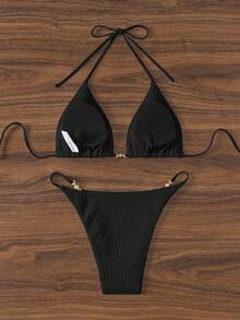 SHEIN Swim Solid Color Textured Backless Halter Neck Two-Piece Bikini Set, Summer Beach - Black - View 2