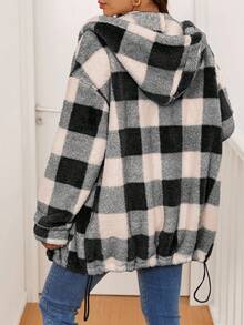 SHEIN Pregnant Women's Casual Commuting Collegiate Style Patterned Dropped Shoulder Loose Zip-Up Hooded Teddy Fleece Jacket, Autumn/Winter Flannels For Women Women Cardigan Plaid Button Up Sweater Cardigan Maternity Clothes Fall Winter - Multicolor - View 2