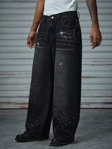 AXEPEAK 男式宽松休闲时尚百搭水钻装饰口袋牛仔裤 - 黑色 - 查看 6