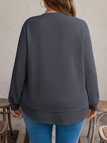 SHEIN LUNE Áo nỉ dài tay tối giản màu trơn cỡ lớn dành cho nữ mặc hàng ngày, trang phục thiết yếu cho ngày lễ - Màu xám đen - Xem 2