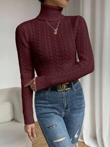 RosyDaze Women's Solid Color High Neck Regular Shoulder Long Sleeve Casual Cable Knit Pullover Sweater - Burgundy - View 5