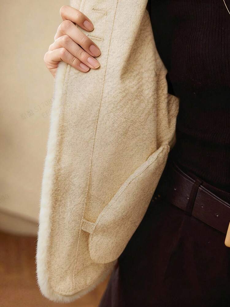 FASHIONABLE & VERSATILE GOLD BUTTON PLACKET FAUX FUR COAT