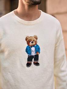 HIMLAND Herren Rundhals Pullover mit einfarbigem Bären Muster, Strickpullover Herren Bär Strick Jersey 90er Jahre Pullover, für Herbst und Winter