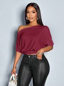 SOLERSUN Women's Solid Asymmetrical Neck Ruched Shoulder Tee - Red - View 5