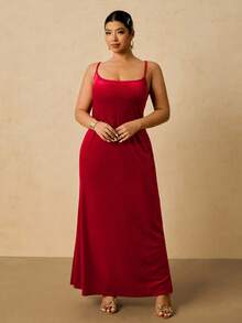 SHEIN VCAY Váy maxi dài chấm đất dệt kim hở lưng màu trơn, chất liệu nhung gợi cảm, thanh lịch, dành cho tiệc Giáng sinh và năm mới cỡ lớn dành cho nữ, mùa thu/đông - Đỏ - Xem 3