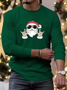 Manfinity Homme 男士圣诞老人图案印花长袖休闲T恤，秋季，圣诞节 - 墨綠色 - 查看 3