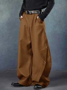 PAVTROS Pantalones holgados de pierna ancha con diseño de parches de metal, cuchillo curvo y estilo nicho para hombres, versátil, otoño