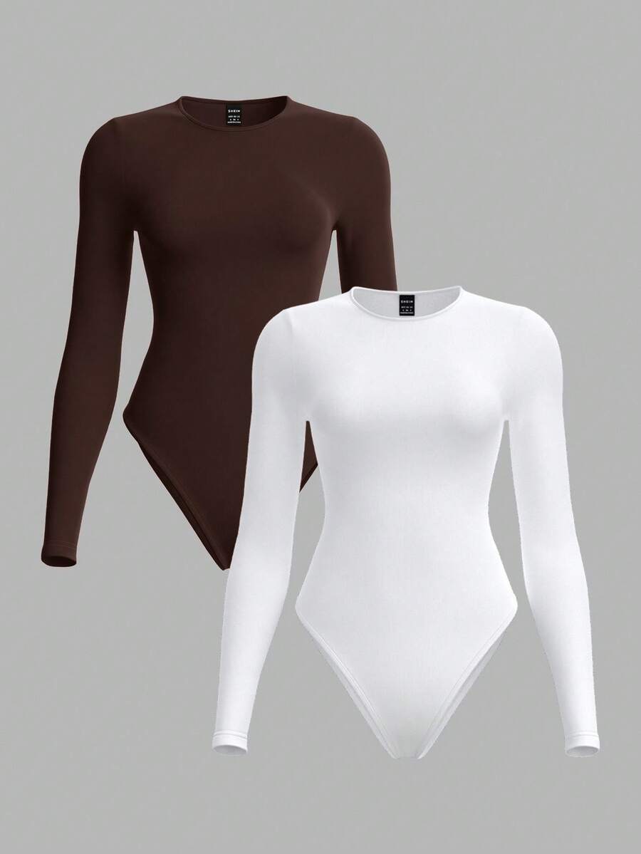 SHEIN BASICS 2件套休闲纯色针织圆领长袖女式紧身衣 - 棕色 - 查看 1