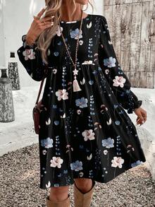 EMERY ROSE 休闲复古风格黑色花卉印花优雅女士中长连衣裙，适合秋冬穿着 - 彩色 - 查看 4
