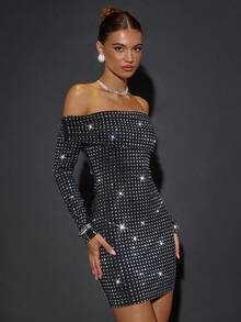 SHEIN BAE Váy bodycon sequin trễ vai - màu đen - Xem 5
