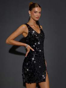 SHEIN BAE Vestido mini de mujer con cuello cuadrado, negro con lentejuelas brillantes, adecuado para cócteles, fiestas, ocasiones formales, eventos festivos, Halloween, Navidad