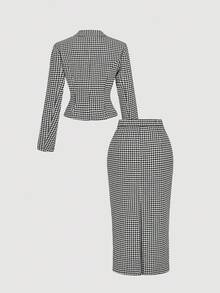 SHEIN MOD Bộ vest và chân váy họa tiết răng sói đen trắng cài hai hàng khuy mùa thu dành cho nữ - Đen và trắng - Xem 2