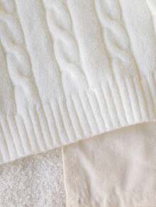 1 pieza Jersey de punto clásico de cable para niñas, jersey de punto de cuello en V de ajuste delgado de manga larga y grosor regular con decoración bordada de caballo negro, cómodo y versátil para primavera/otoño, uso diario casual o actividades al aire libre