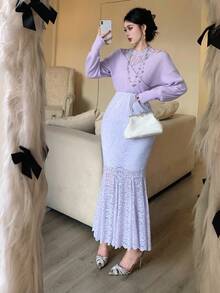 DAZY Váy đuôi cá phối ren sang trọng thanh lịch dành cho nữ - Hồng - Xem 3