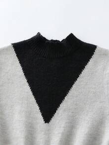 SHEIN Franclia Turtleneck Color Block Fitted Elegant Knit Dress, Extra Long A-Line Knit Sweater Dress, Thick Autumn/Winter - Grey - View 7