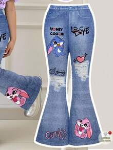 SHEIN Leap Crew 2pcs Tween Girls Casual Loose Fit Round Neck Short Sleeve T-Shirt And Flare Pants Set, Featuring Cute Cartoon Rabbit, Floral, Heart Patterns In Bright Purple And Blue, Suitable For Autumn Outfits, Easy Comfort, Autumn Layers, Stylish Kids, Casual Wear, Kids Graphic Clothes, Back To School, Fall Clothes, Homecoming Tween Clothes Casual Set 3pcs Sets Teen Girls Sets Teenage Girl Clothes Set Girls Jeans Sets Baddie Outfit Tween