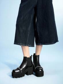 Sugerpunk 哥特风格方头金属链粗跟朋克靴，PU 皮革黑色高跟靴适合派对、日常穿着、晚礼服，增高修腿 - 黑色 - 查看 3