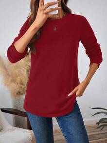 EMERY ROSE Sudadera de cuello redondo roja sólida y casual para mujer, de manga larga y gruesa, estilo todo a juego adecuado para otoño/invierno - Rojo - Ver 3
