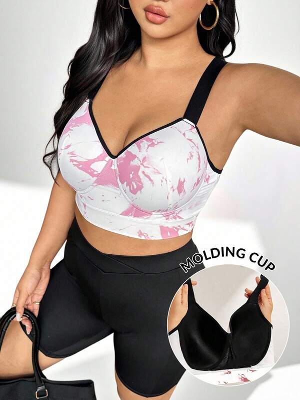 Auralis Sujetador deportivo de talla grande para mujer con estampado de mármol de tinta, con copa fija, tirantes ajustables, alto soporte, ropa deportiva de invierno para mujer