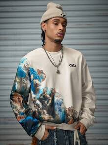 AXEPEAK Men's Patterned Sweatshirt Retro Oil Painting Print Round Neck Loose Long Sleeve Pullover Sweatshirt, For Fall Winter - Multicolor - View 3