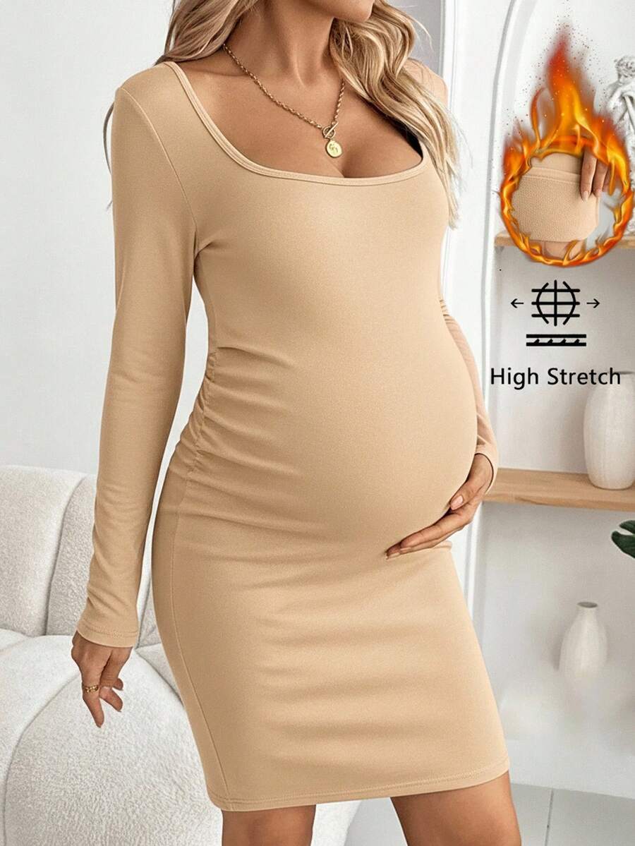 SHEIN 孕妇休闲日常通勤简约纯色褶皱修身保暖羊毛连衣裙,秋冬 - 杏色 - 查看 1