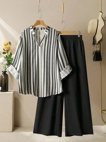 Lacomfia Women's Textured Colorful Striped Print Long Sleeve Shirt And Wide Leg Pants Casual Loose Comfortable Plus Size Set - Multicolor - View 1