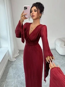 Elenzga 褶皱 V 领交叉系带喇叭袖鱼尾连衣裙 - 酒紅色 - 查看 5