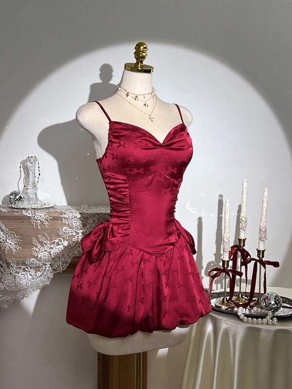 Elamini 1 pieza Vestido camisola con estampado de mariposa vintage brillante con volante en el bajo, silueta ajustada, adecuado para fiesta de Navidad, rojo