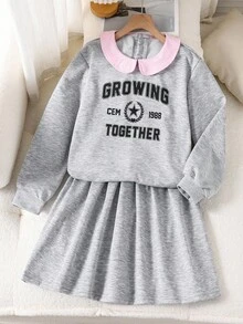Tween Girls' Grey Back-To-School 2-Piece Set,Autumn Casual School Letter Print Striped Patchwork Pleated Skirt With Elastic Waist,Fashion Versatile - Multicolor - View 1