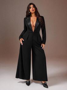 Rustia Plus-Size Women's Sexy Deep V-Neck New Year Party Jumpsuit - Black - View 1