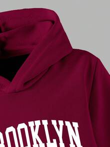 少女款“BROOKLYN”休闲字母印花卫衣，时尚独特，四季皆宜，酒红色卫衣，日常穿着舒适，时尚卫衣 - 紅色 - 查看 6