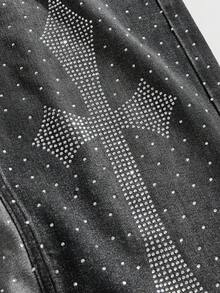 ROMWE MEN Street Life Jeans de moda para hombre con bloques de color y adornos de rhinestones - Negro - Ver 4